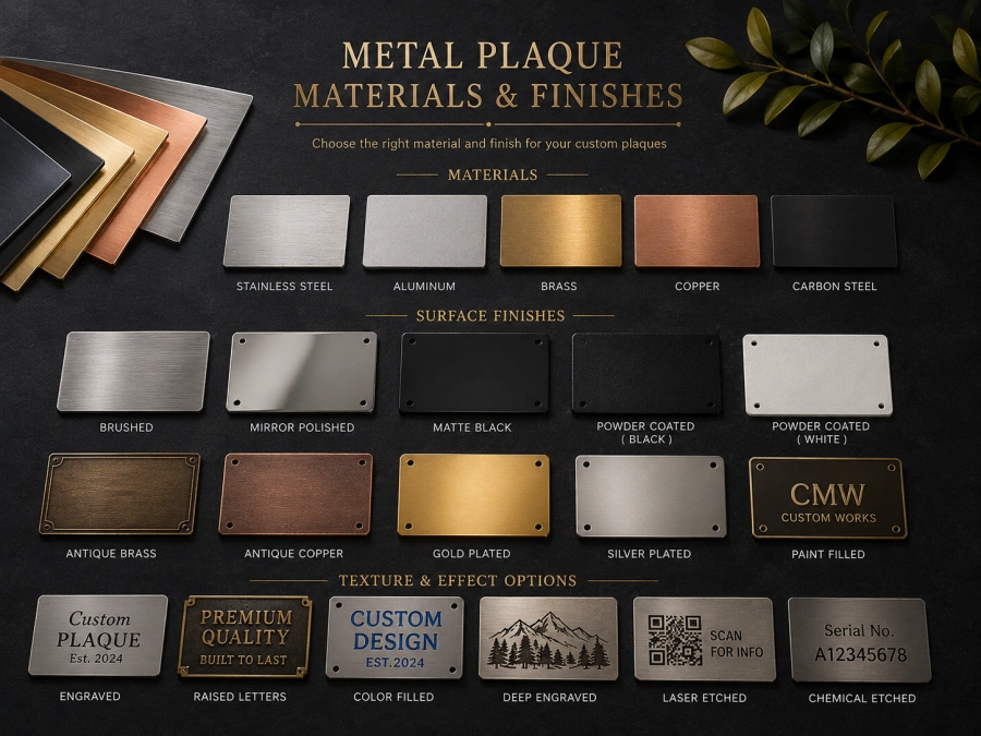 metal plaque materials and finishes