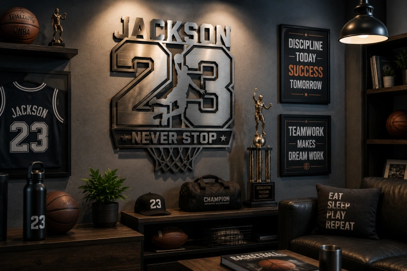 sports room metal number sign