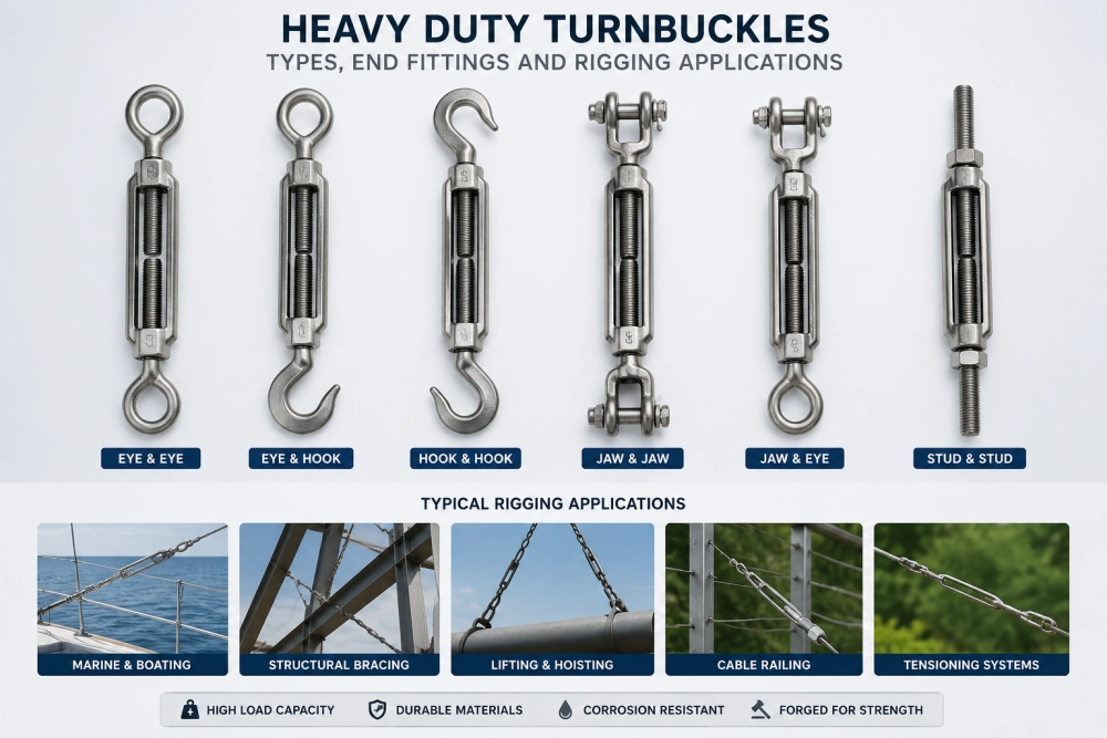 heavy duty turnbuckles with different end fittings for rigging applications