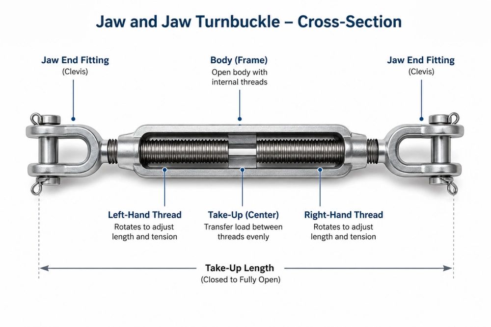 Cross-section diagram of a jaw and jaw turnbuckle showing jaw end fittings body and threaded rods