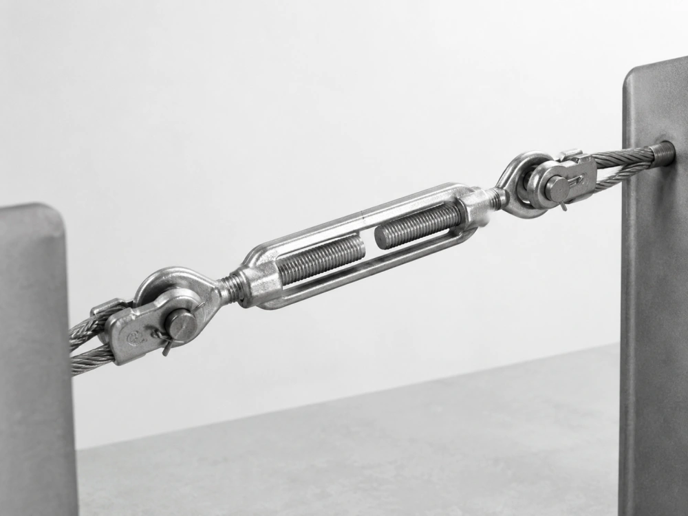 Jaw and jaw turnbuckle attached to rigging pins on a steel cable assembly