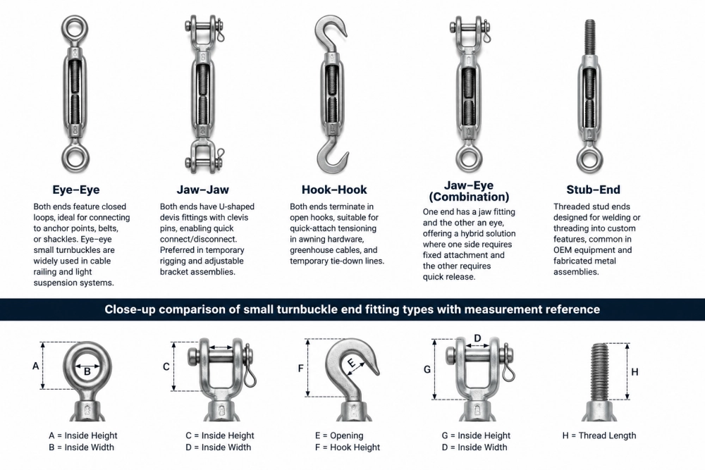 small turnbuckle end fitting types including eye jaw hook and stub end