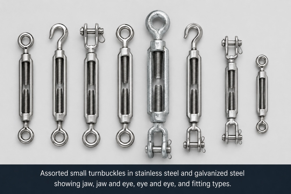 assorted small turnbuckles in stainless steel and galvanized steel with different end fitting types