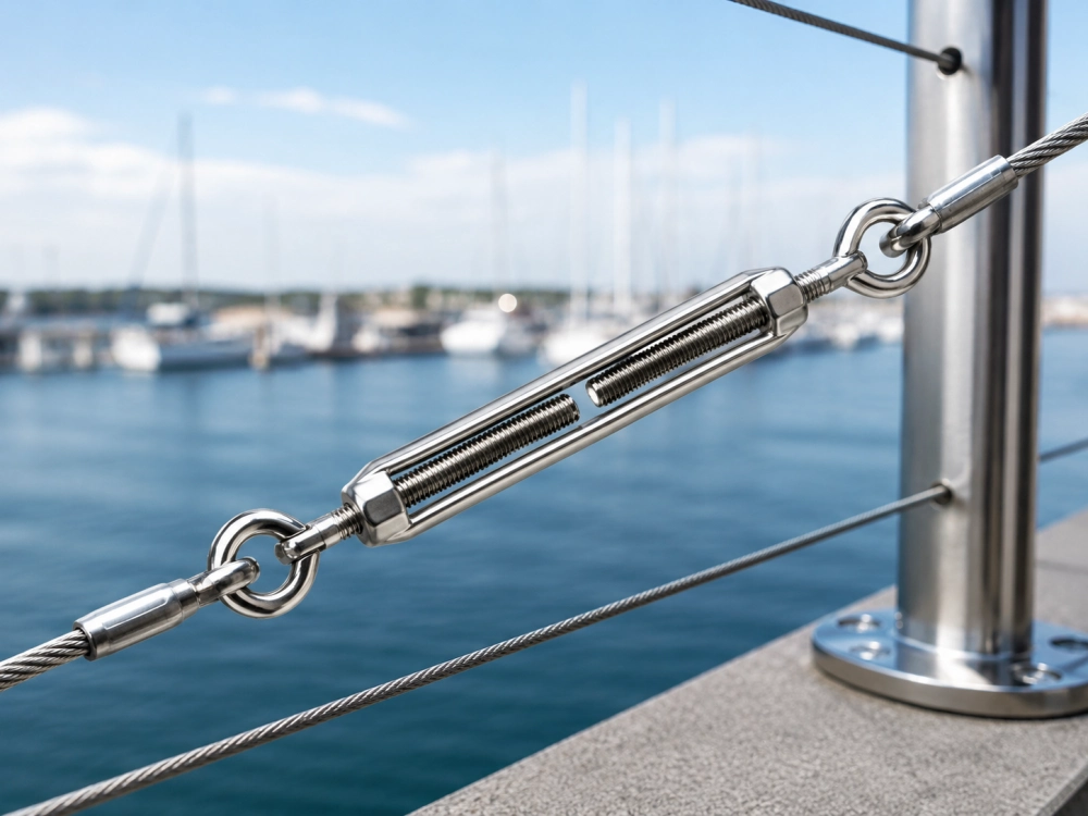 stainless steel turnbuckle installed in a cable railing system for marine and architectural applications