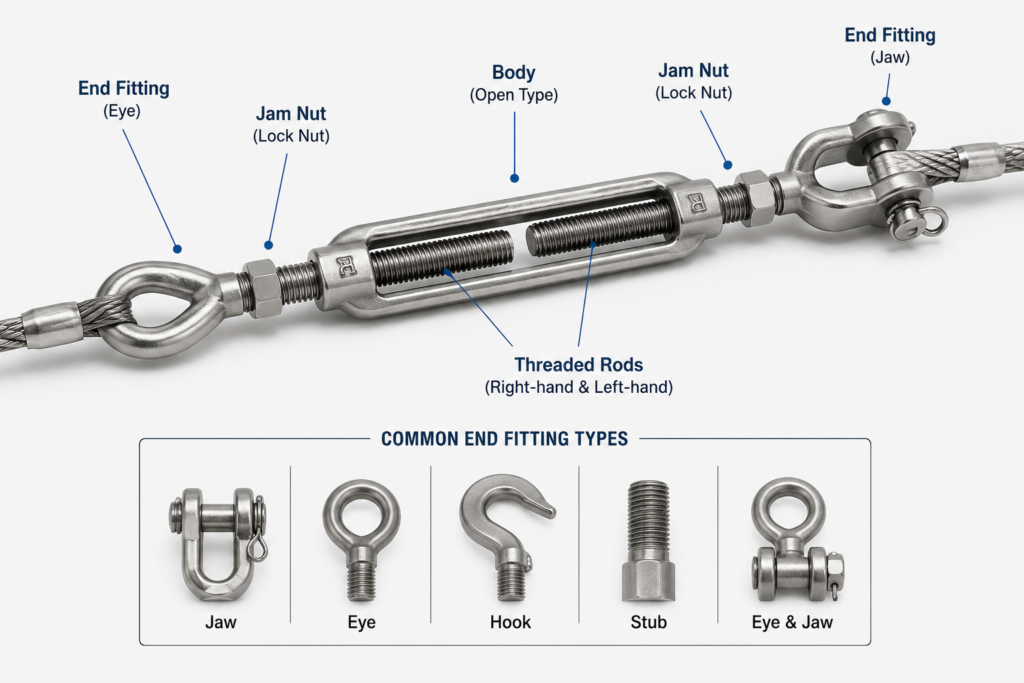 turnbuckle tensioner assembly with threaded body jam nuts and common end fitting types