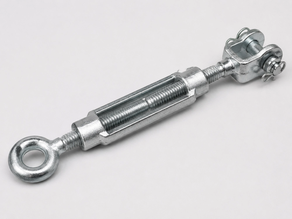 Close-up of a galvanized concrete turnbuckle assembly with eye end fitting and protective thread sleeve