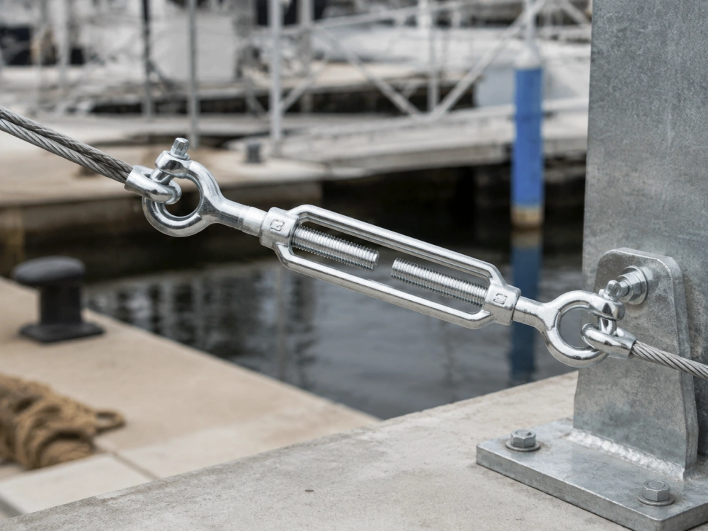 Eye to eye turnbuckle installed in a marine wire rope rigging system with shackles and tension adjustment