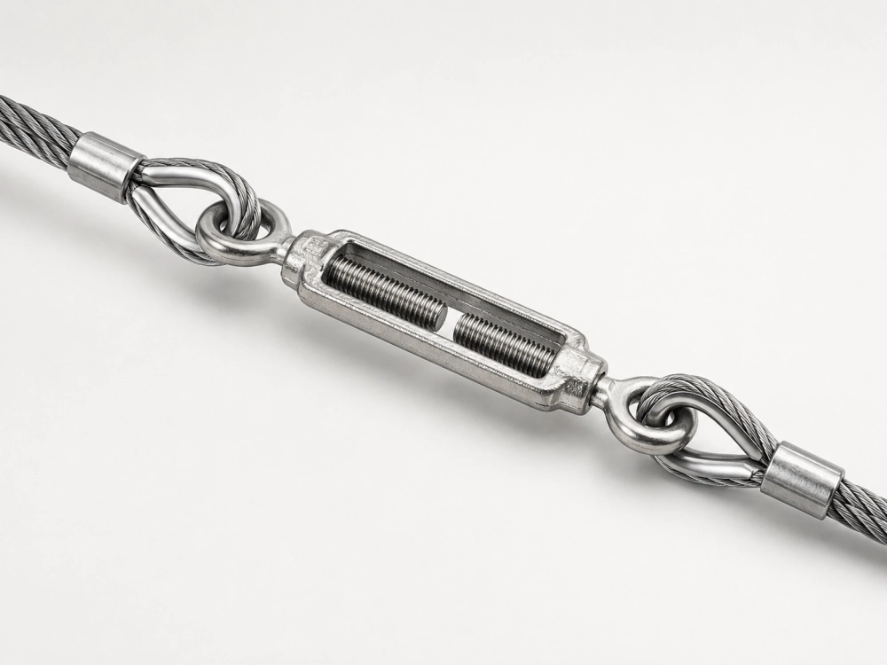 Eye to eye turnbuckle with closed-loop eye fittings connected to wire rope for rigging applications