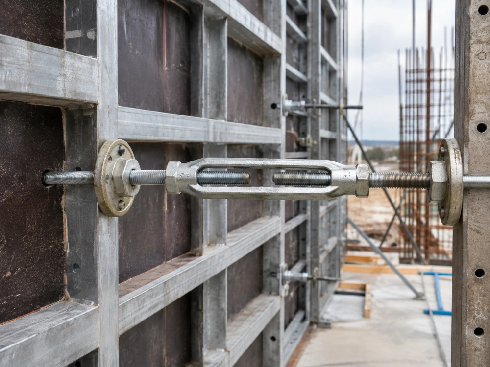Close-up of a galvanized concrete turnbuckle assembly with eye end fitting and protective thread sleeve